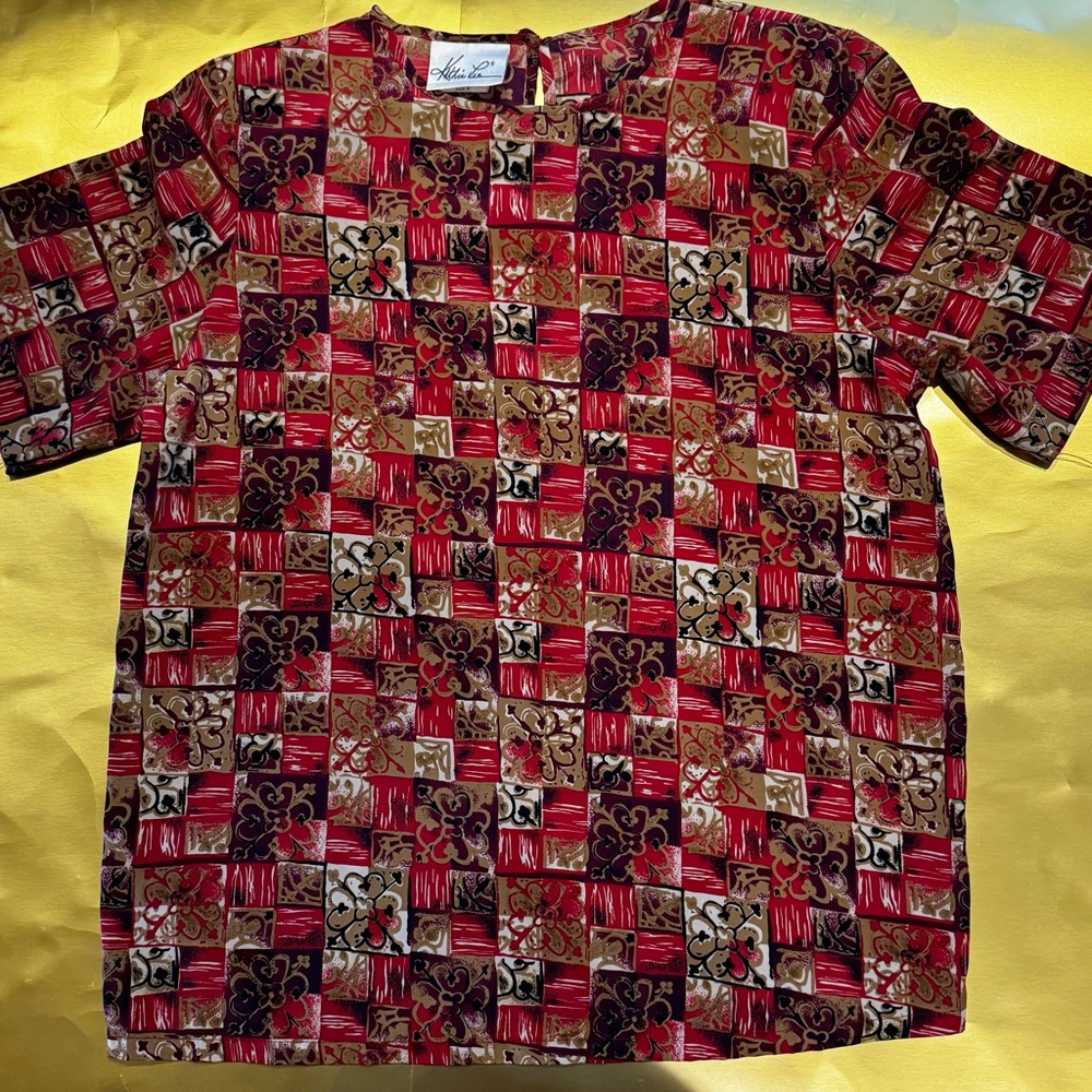 Kathie Lee Collection Red and Gold Patterned Blouse